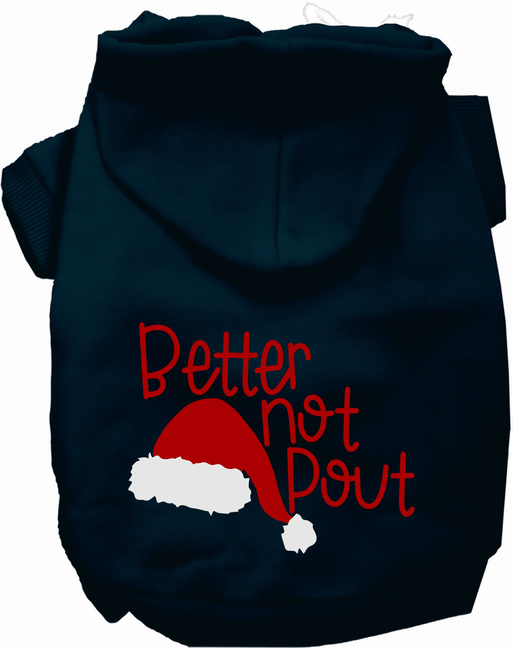 Dark blue Better Not Pout pet hoodie with Santa hat design