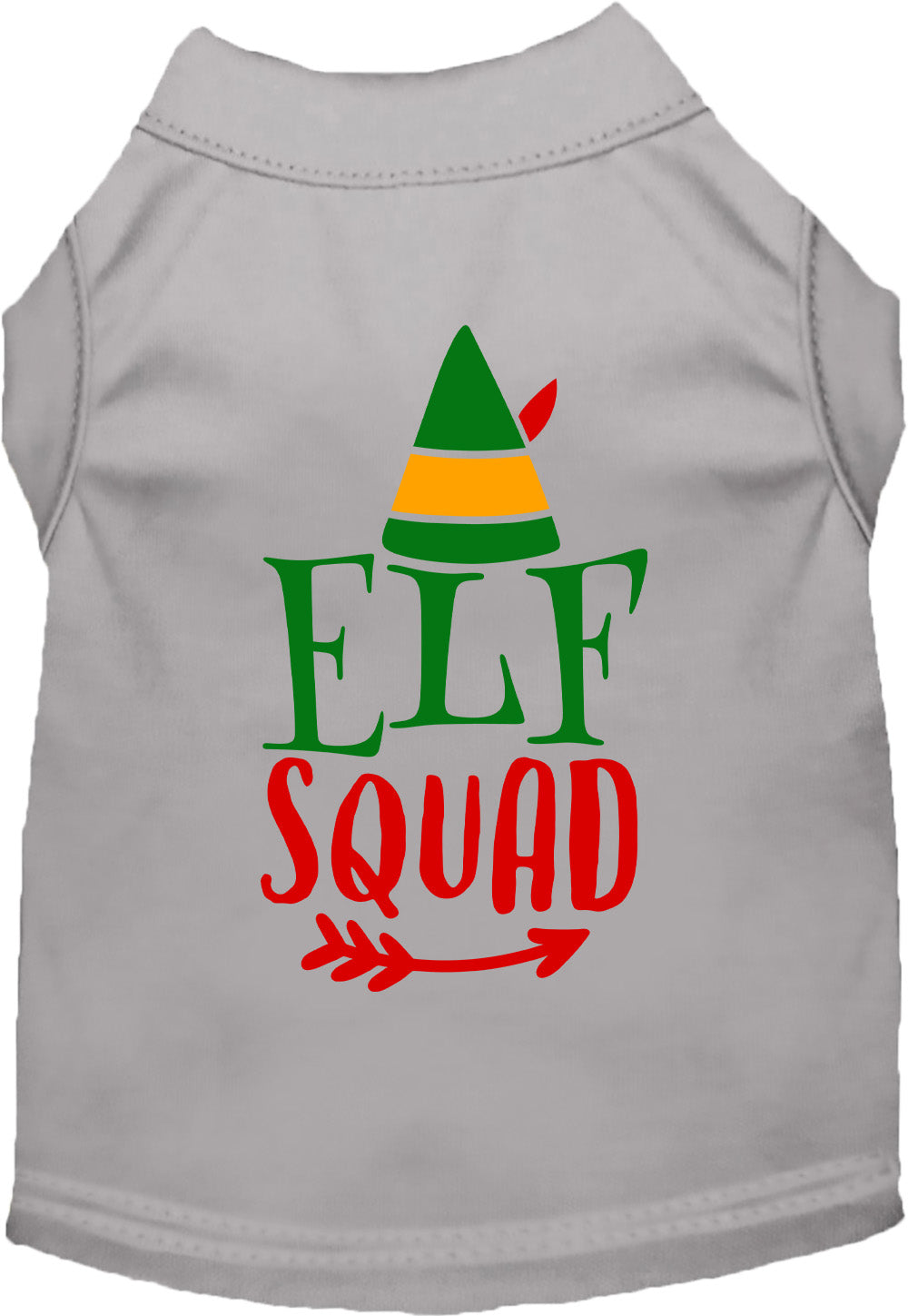 Gray Elf Squad pet shirt with festive design