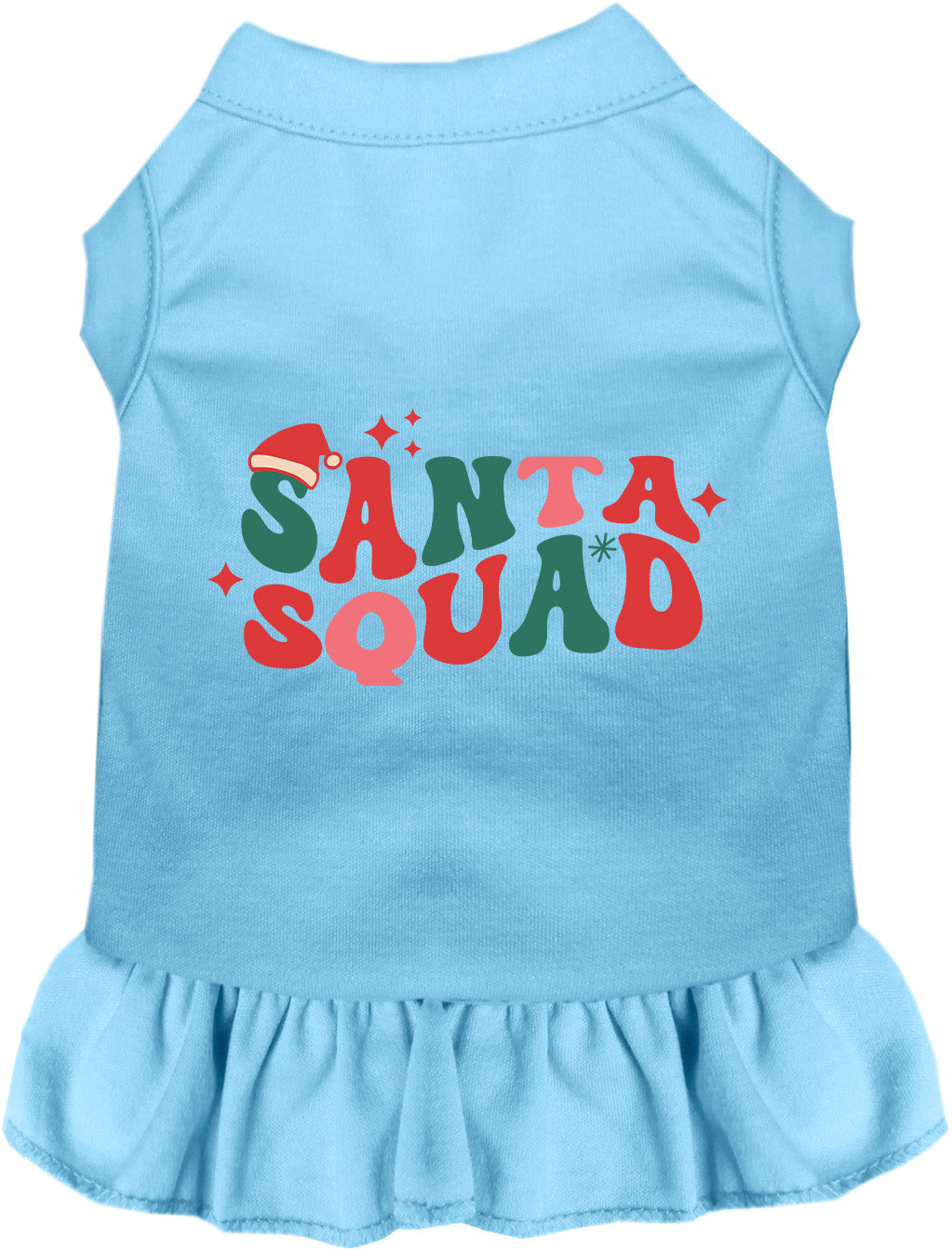 Blue Santa Squad pet dress with festive lettering