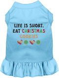 Blue pet dress with 'Eat Christmas Cookies' design