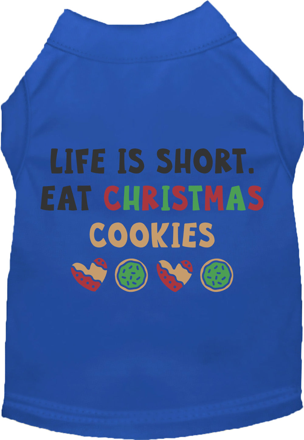Royal blue pet shirt with 'Eat Christmas Cookies' design