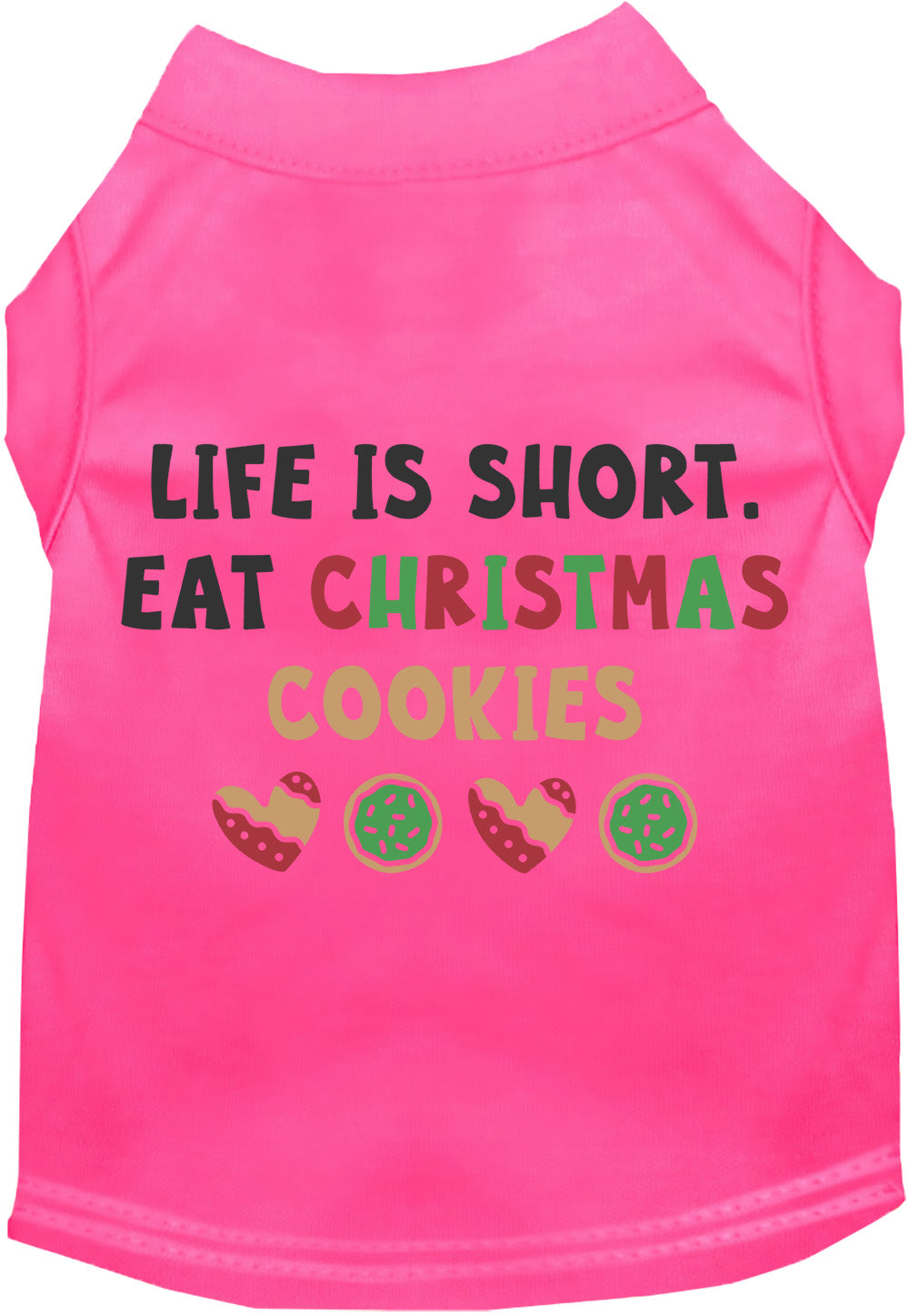 Pink pet shirt with 'Eat Christmas Cookies' design