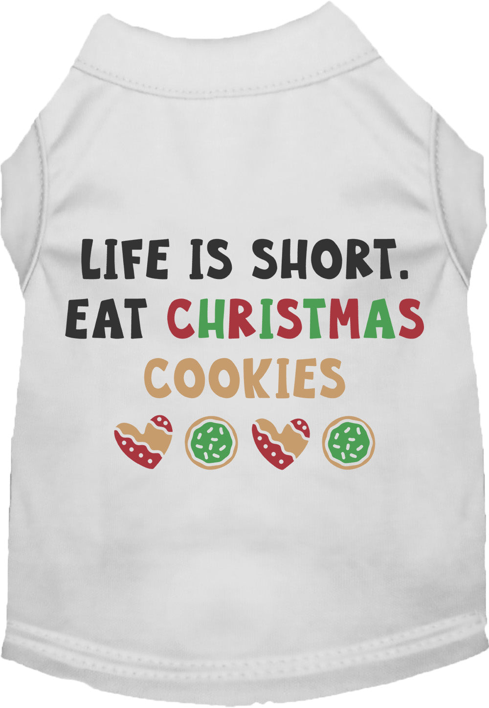 White pet shirt with 'Eat Christmas Cookies' design