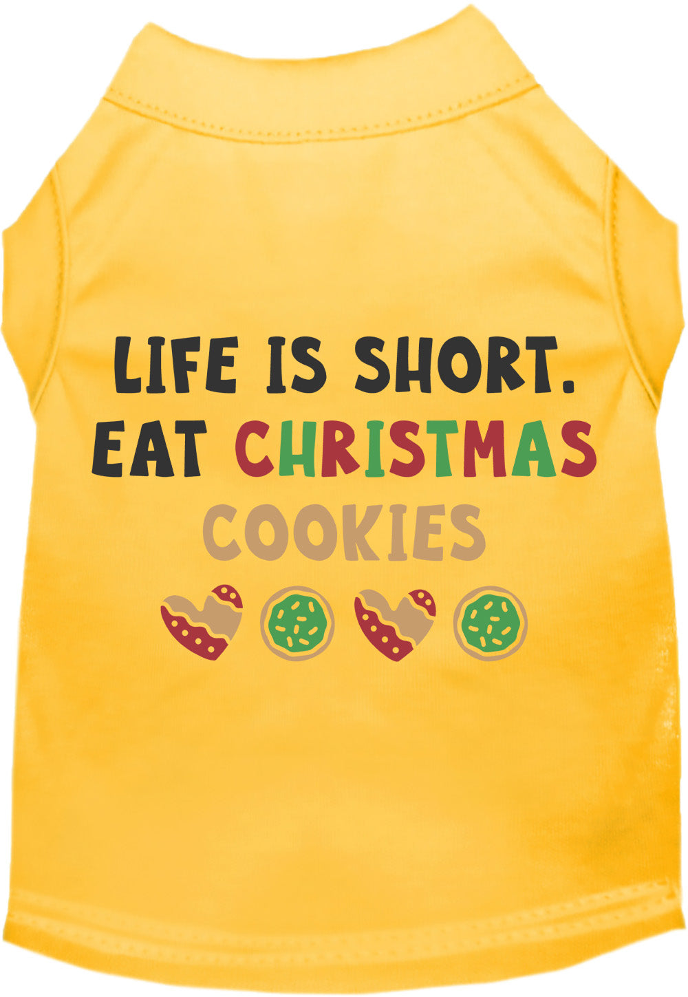 Yellow pet shirt with 'Eat Christmas Cookies' design