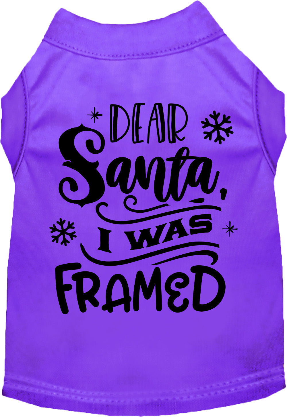 Purple pet shirt with 'Dear Santa, I was Framed' design