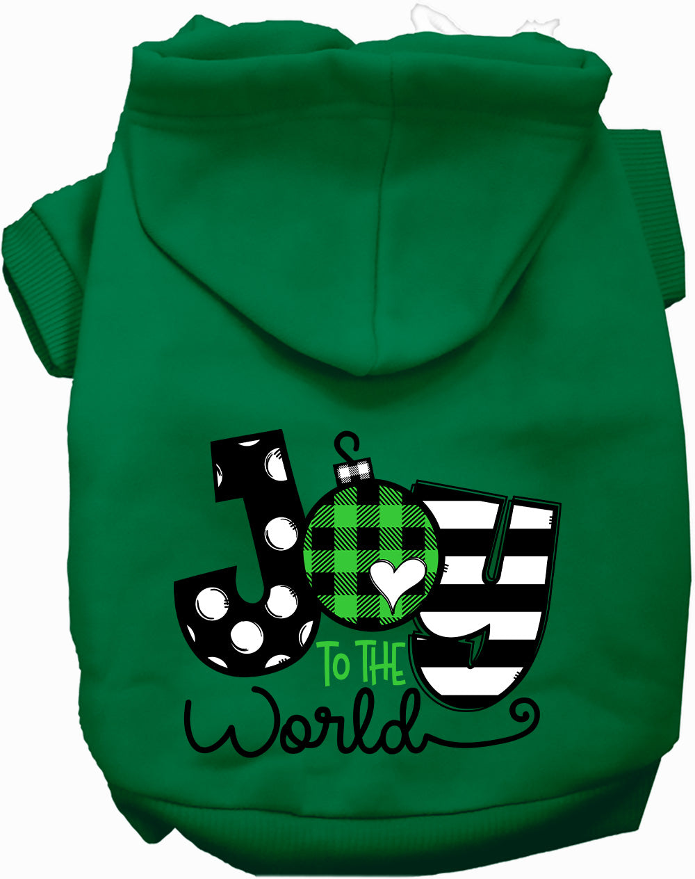 Green Joy to the World pet hoodie with festive design