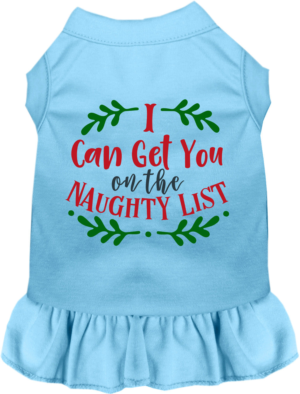 Blue pet dress with 'I Can Get You on the Naughty List' print