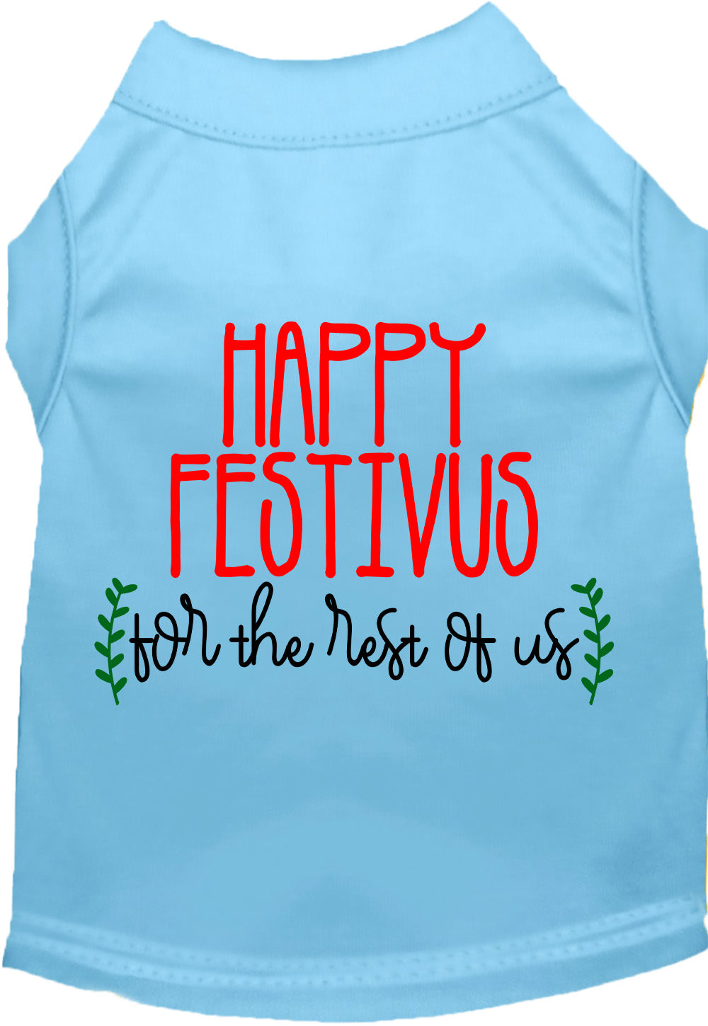 Light blue Happy Festivus pet shirt with festive design