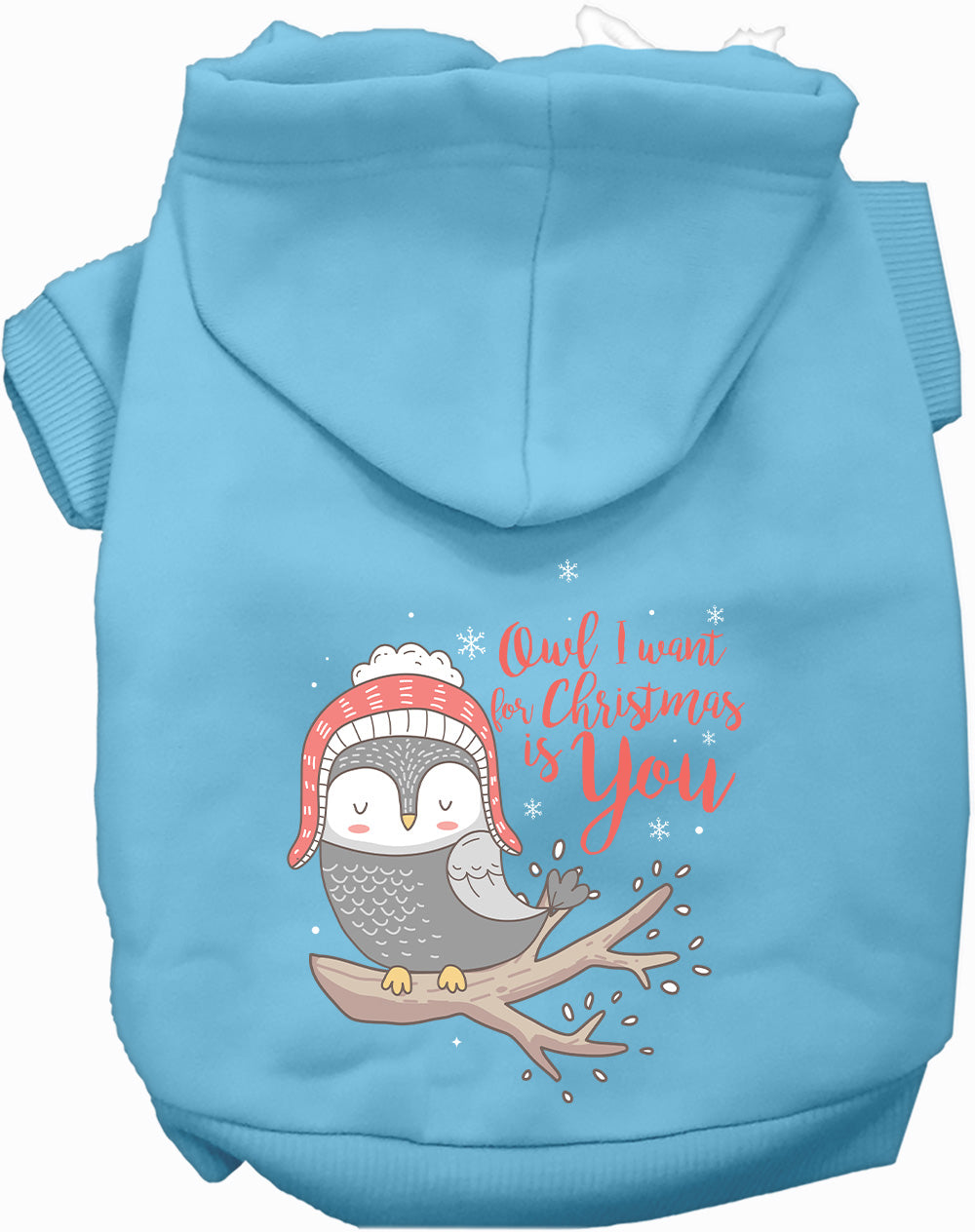 Light blue Christmas owl pet hoodie with festive design