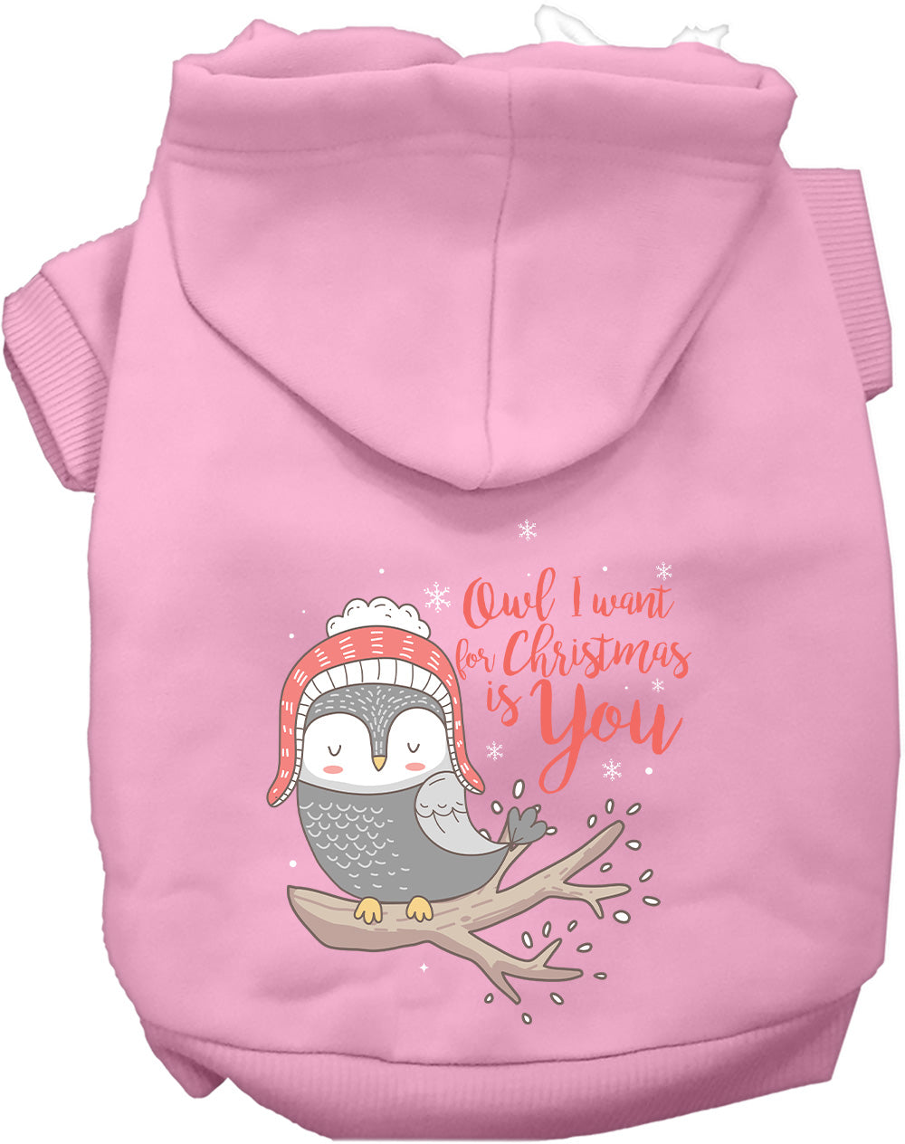 Pink Christmas owl pet hoodie with festive design