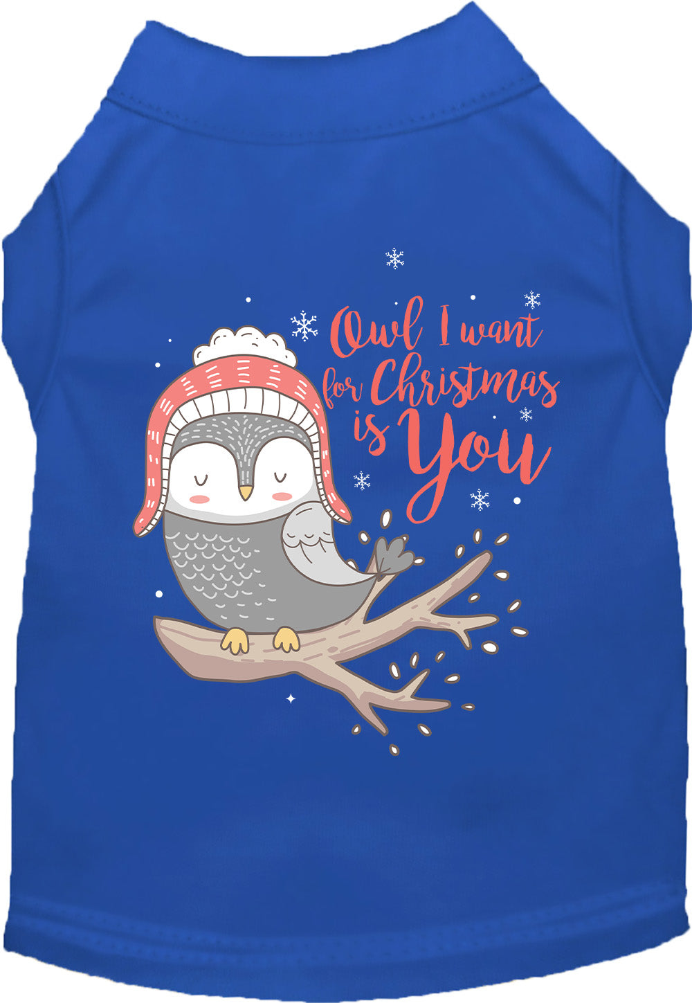 Blue pet shirt with owl Christmas design