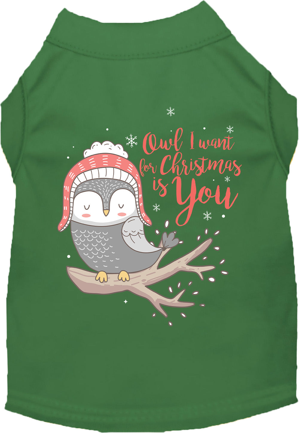 Green pet shirt with owl Christmas design