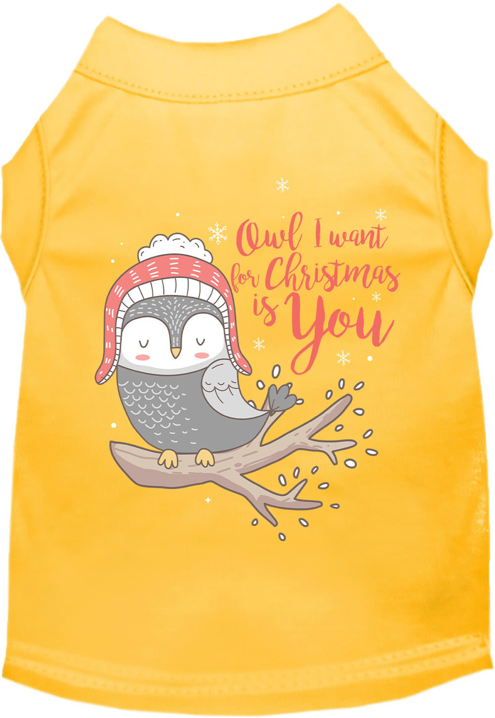 Yellow pet shirt with owl Christmas design