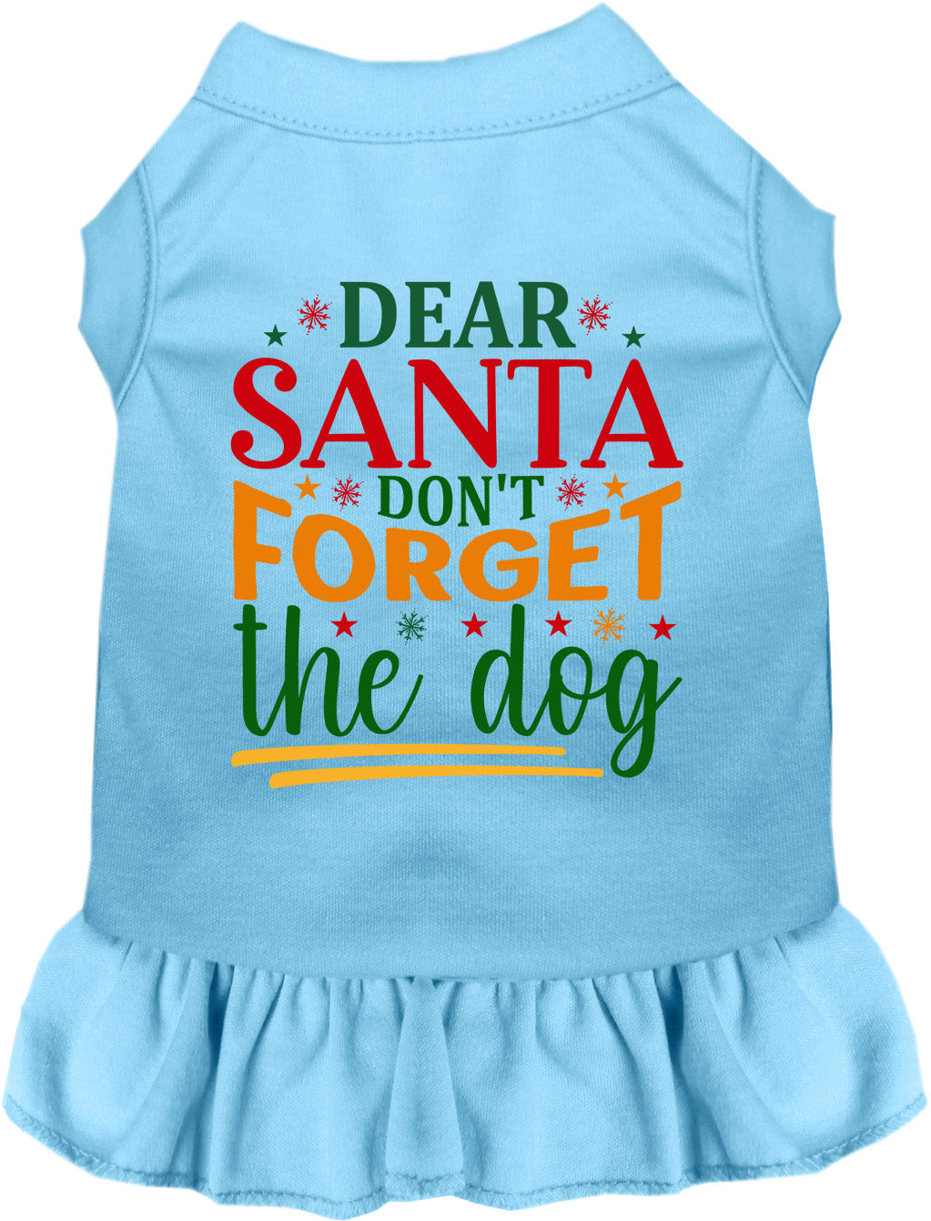 Blue pet dress with 'Dear Santa Don't Forget the Dog' print