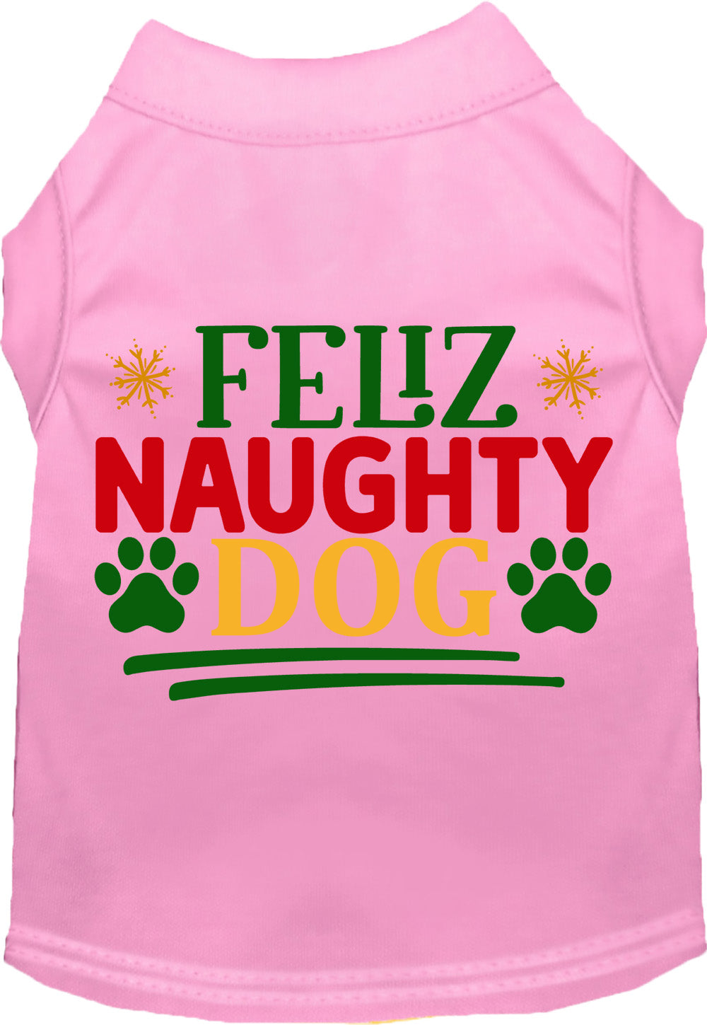 Light pink Feliz Naughty Dog pet shirt with festive design