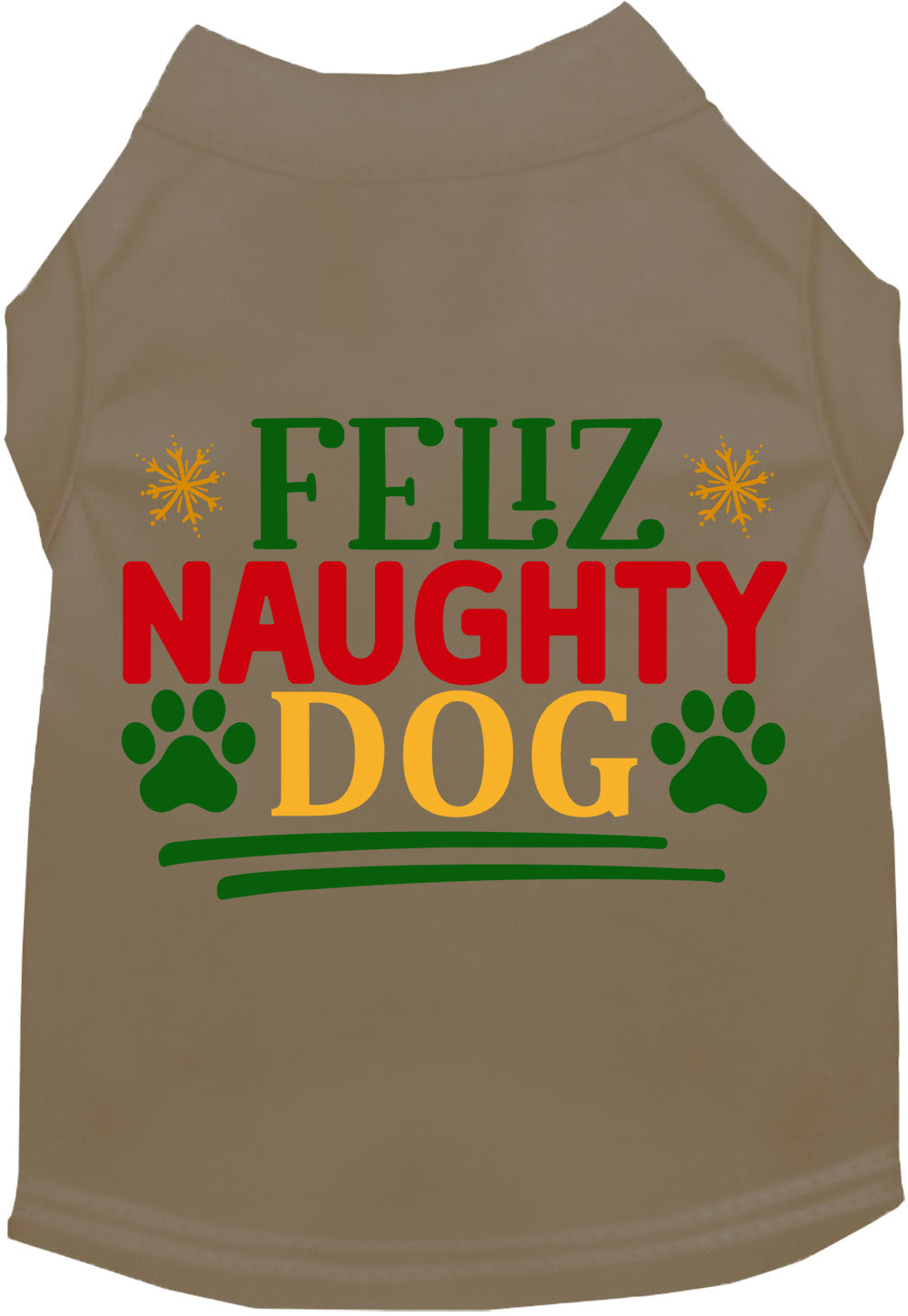 Khaki Feliz Naughty Dog pet shirt with festive design