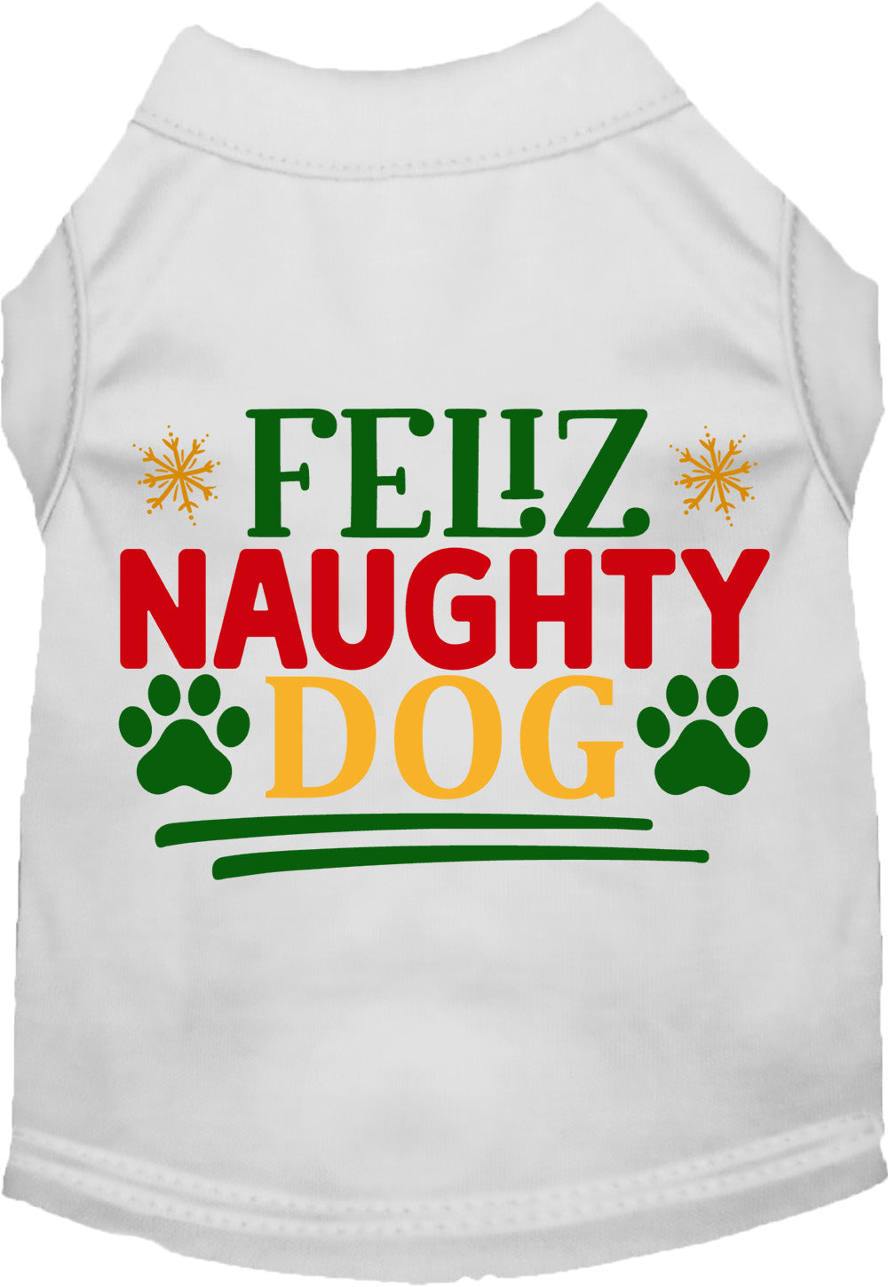White Feliz Naughty Dog pet shirt with festive design