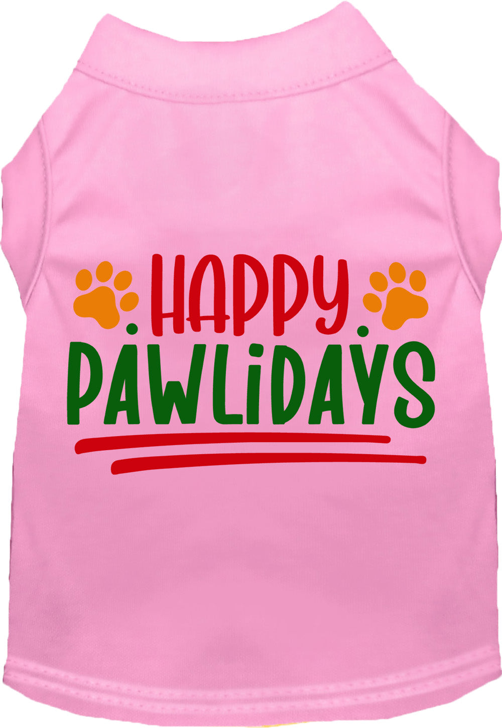 Light pink Happy Pawlidays pet shirt with colorful text