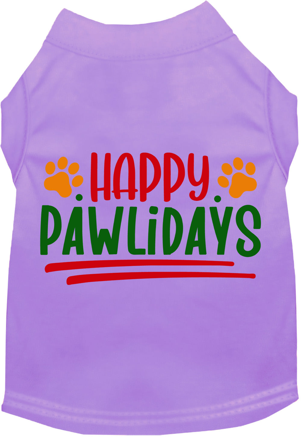 Purple Happy Pawlidays pet shirt with colorful text