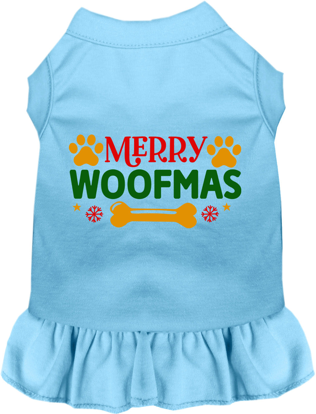 Light blue Merry Woofmas pet dress with festive design