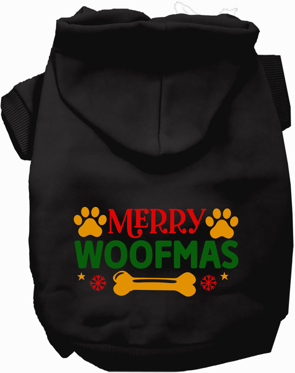 Black Merry Woofmas pet hoodie with festive design