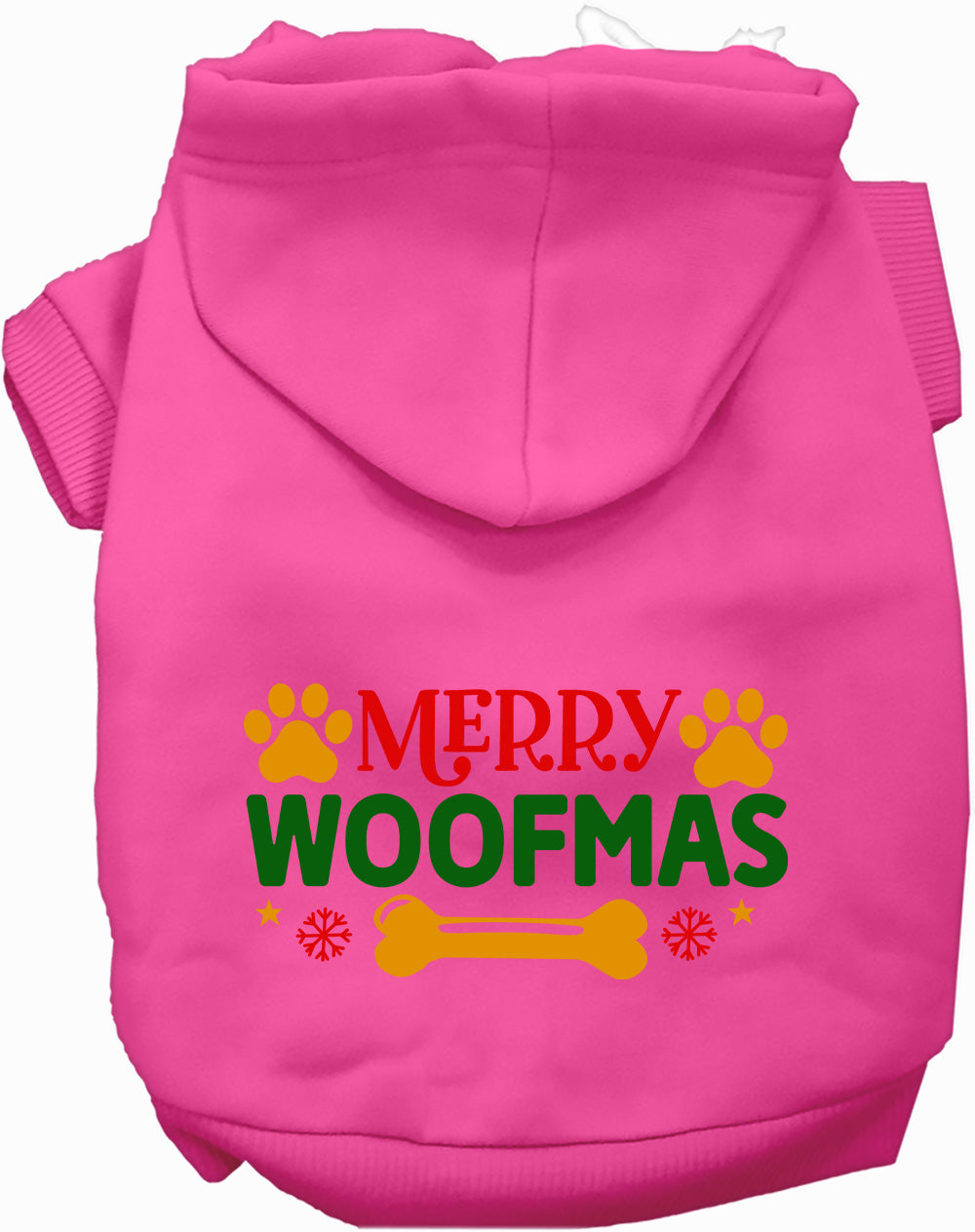Pink Merry Woofmas pet hoodie with festive design