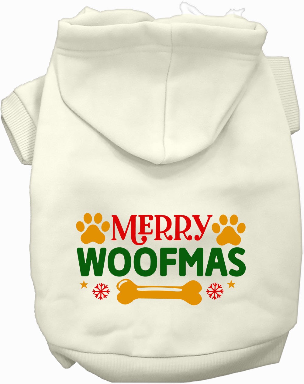 White Merry Woofmas pet hoodie with festive design