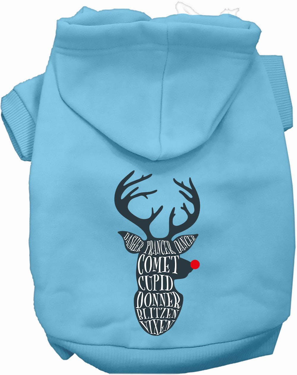 Light blue Santa's Deer Pet Hoodie with reindeer design