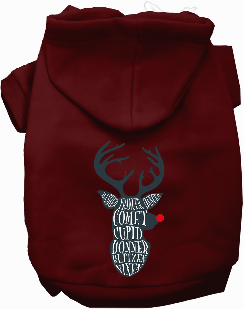 Maroon Santa's Deer Pet Hoodie with reindeer design