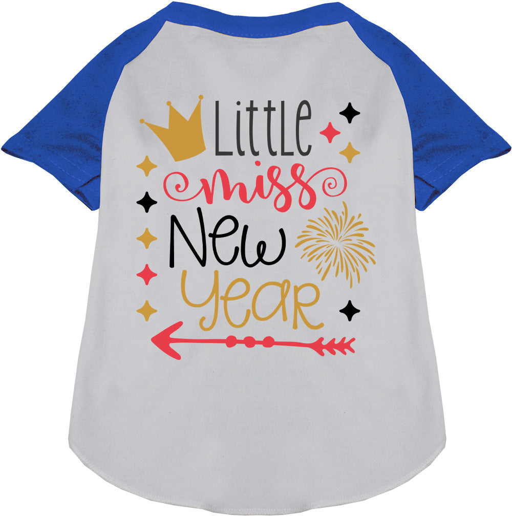 Blue Little Miss New Year pet raglan shirt with crown design
