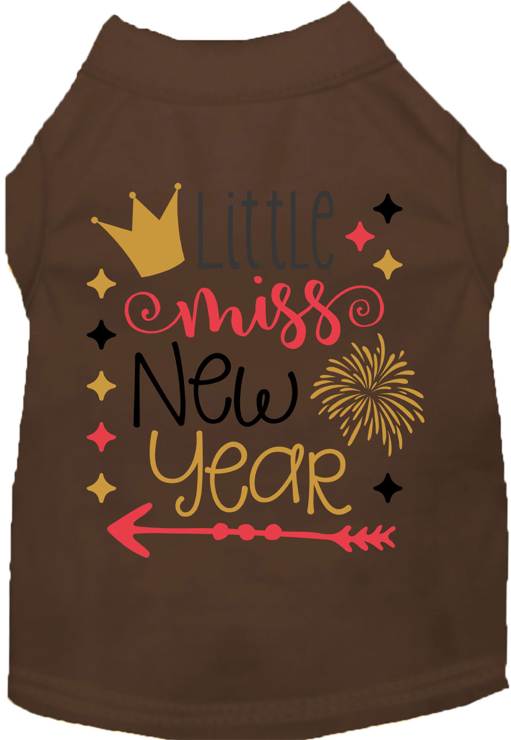 Brown Little Miss New Year pet shirt with crown and fireworks
