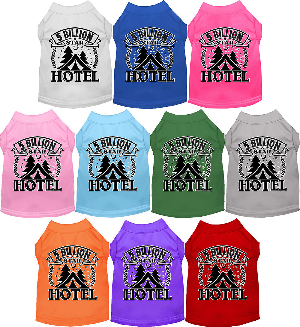 Colorful pet shirts with '5 Billion Star Hotel' design