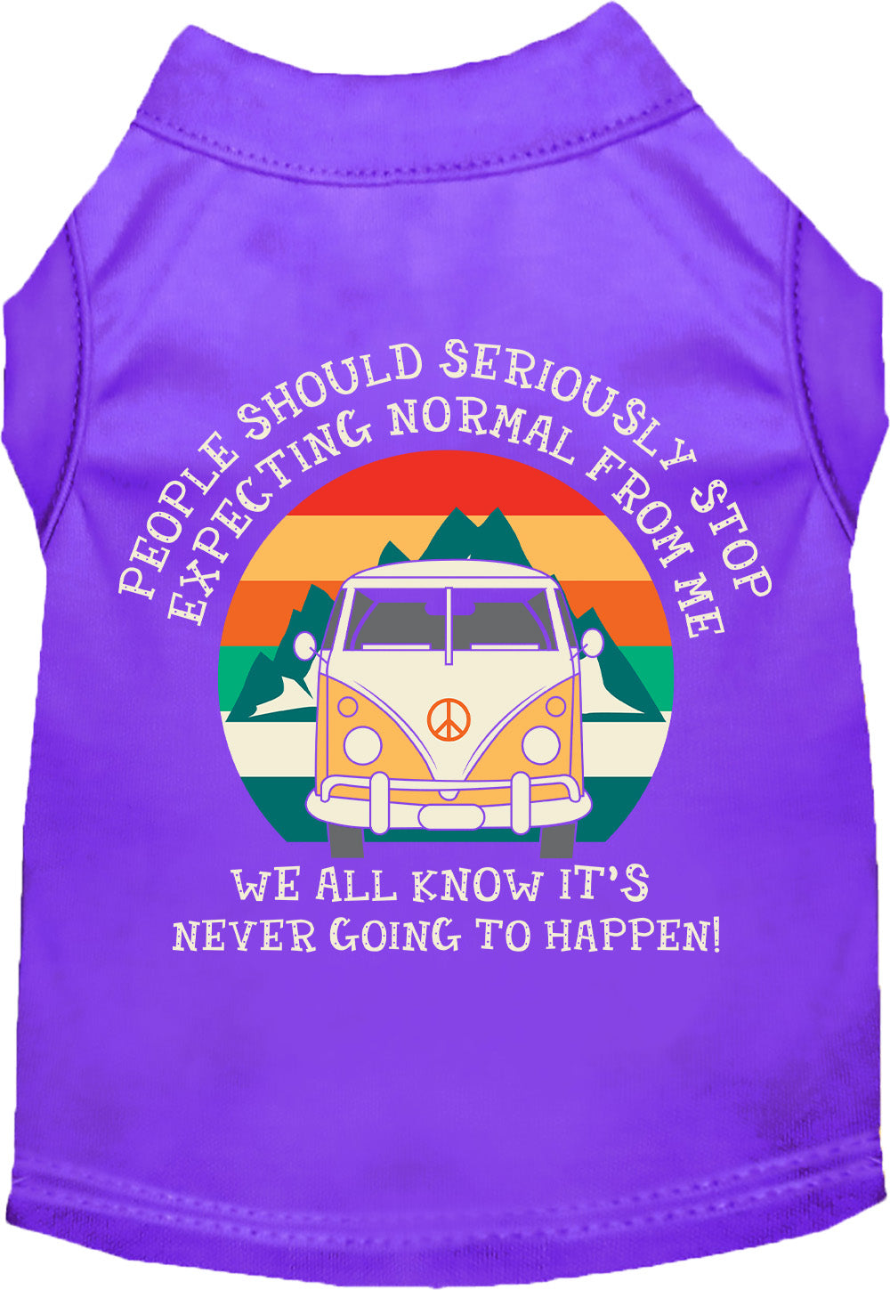 Purple pet shirt with 'Stop Expecting Normal Vanlife' design