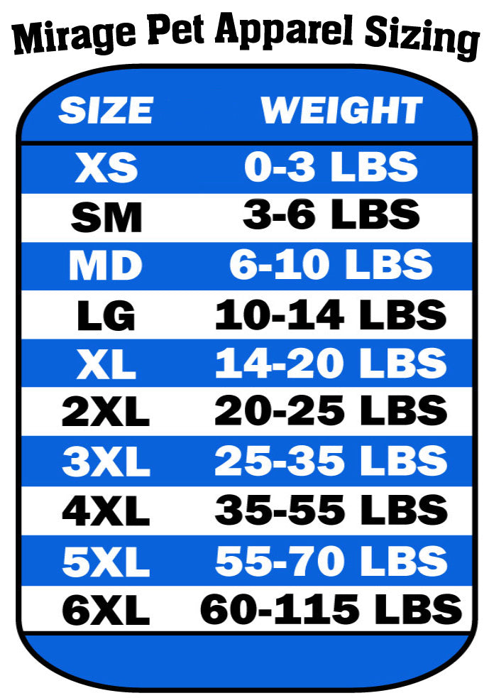 Pet apparel sizing chart for Mirage Pet Apparel