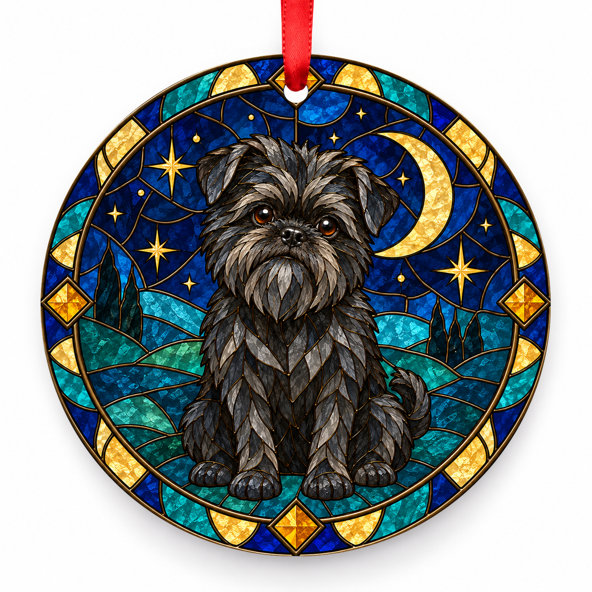 Gray Affenpinscher stained glass style porcelain Christmas ornament with red ribbon
