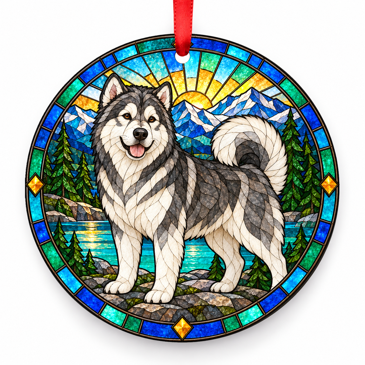 Gray White Alaskan Malamute stained glass style porcelain Christmas ornament with red ribbon