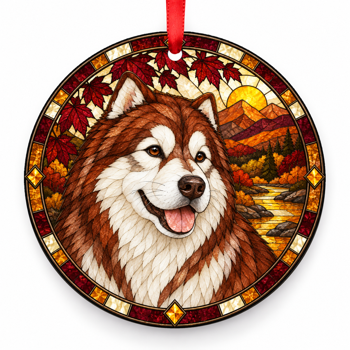 Red White Alaskan Malamute stained glass style porcelain Christmas ornament with red ribbon