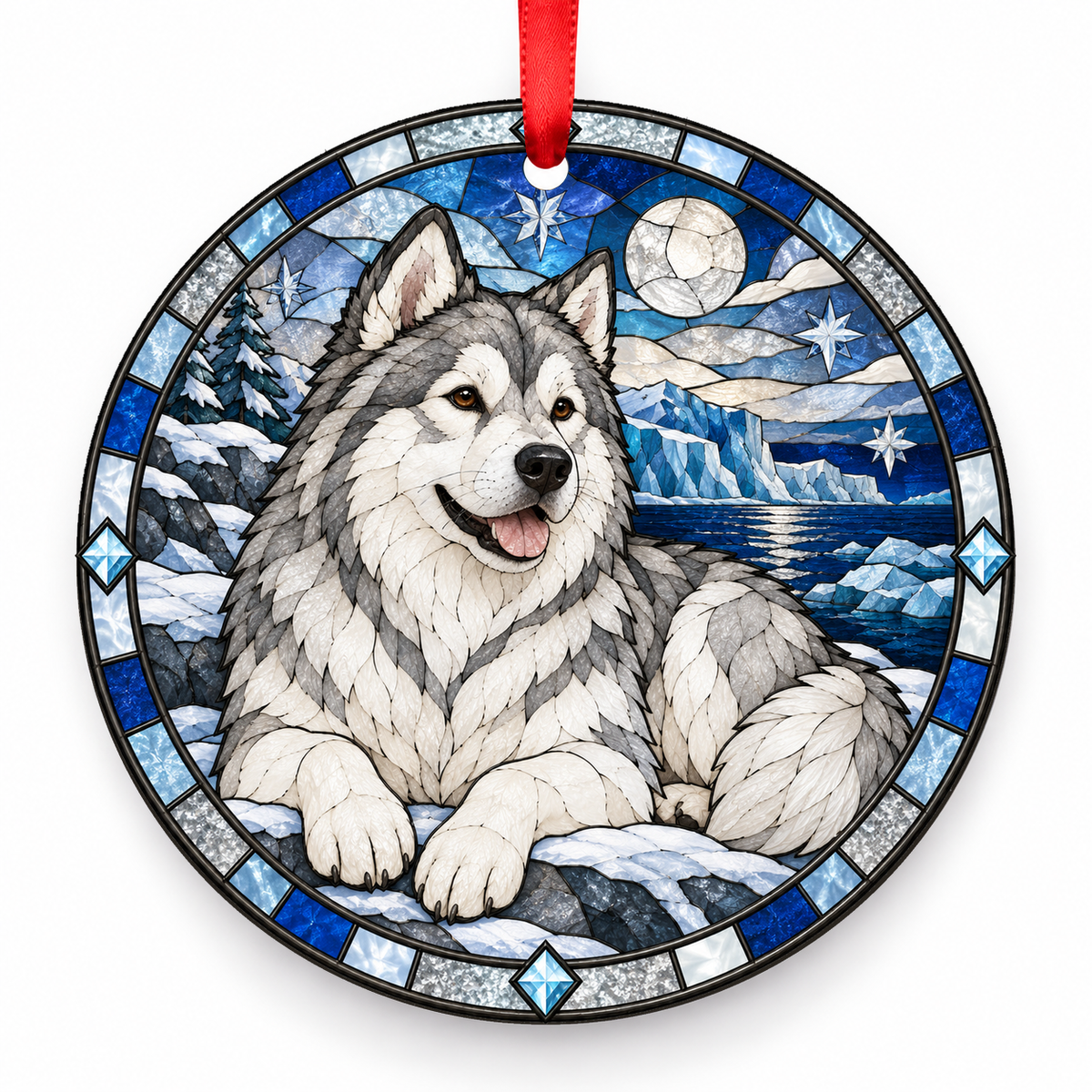 Silver White Alaskan Malamute stained glass style porcelain Christmas ornament with red ribbon