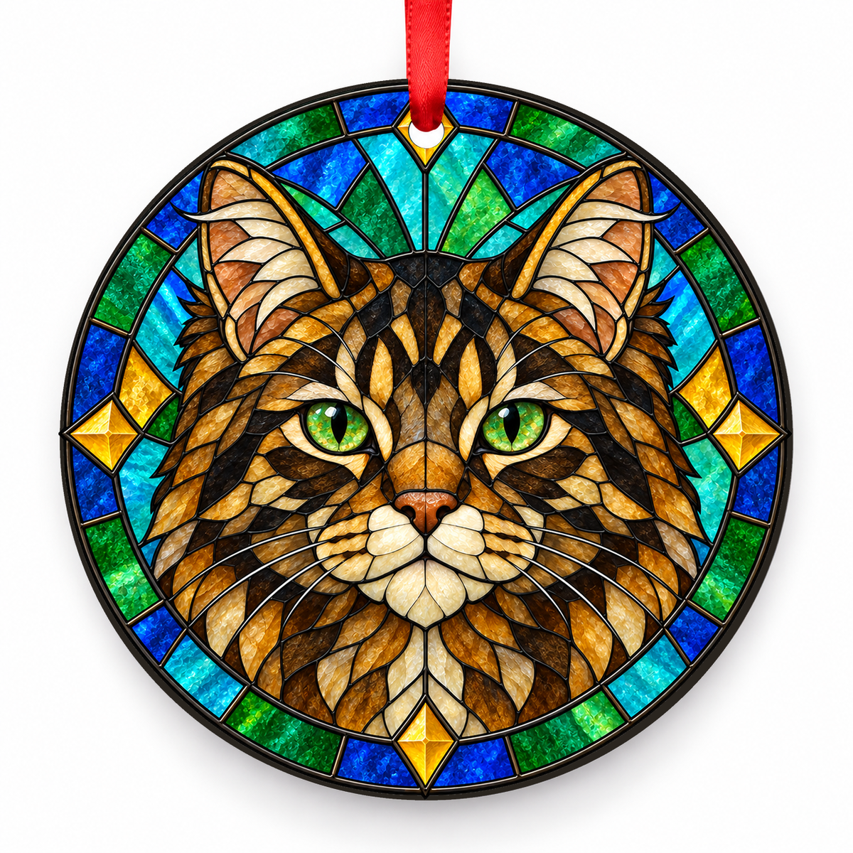 Brown Tabby American Bobtail stained glass style porcelain Christmas ornament with red ribbon