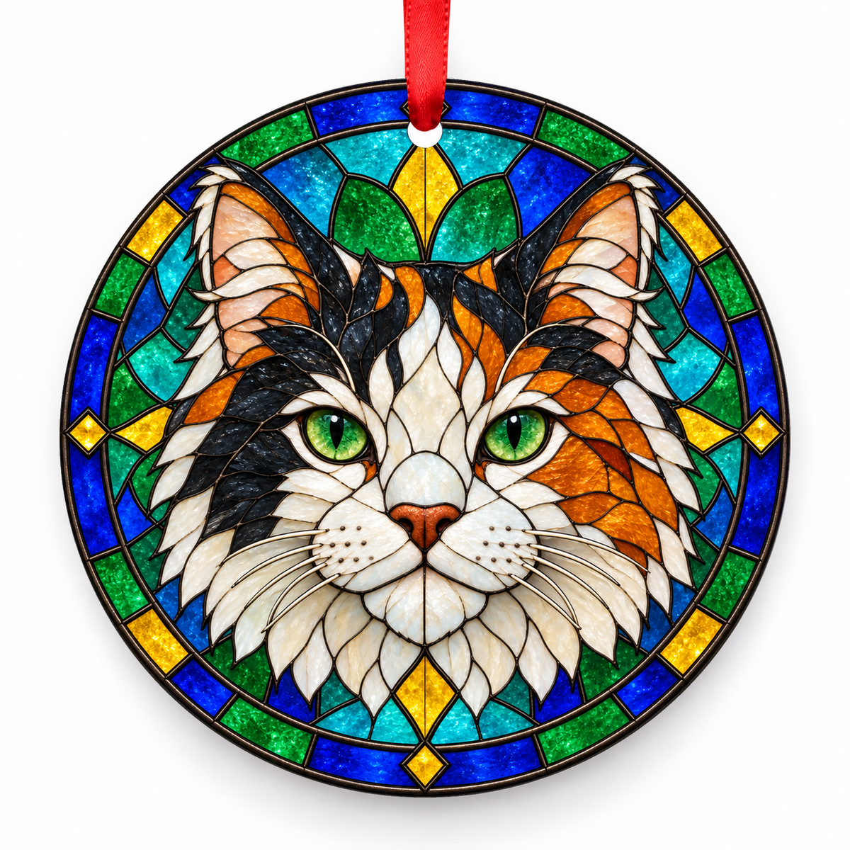 Calico American Bobtail stained glass style porcelain Christmas ornament with red ribbon