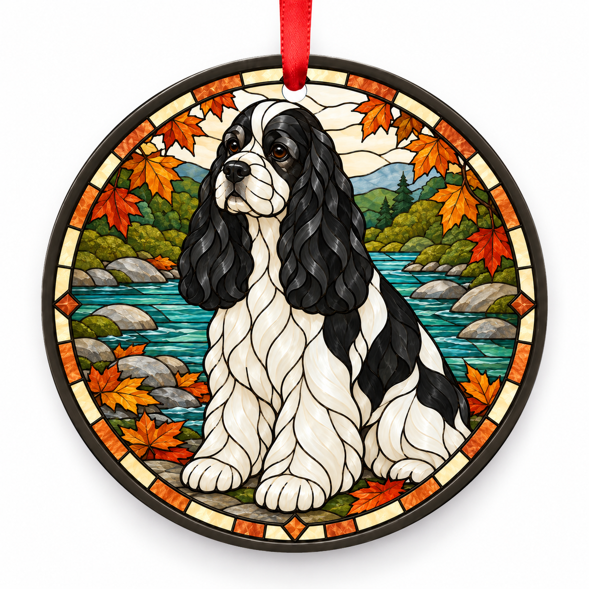 Black White Parti American Cocker Spaniel stained glass style porcelain Christmas ornament with red ribbon