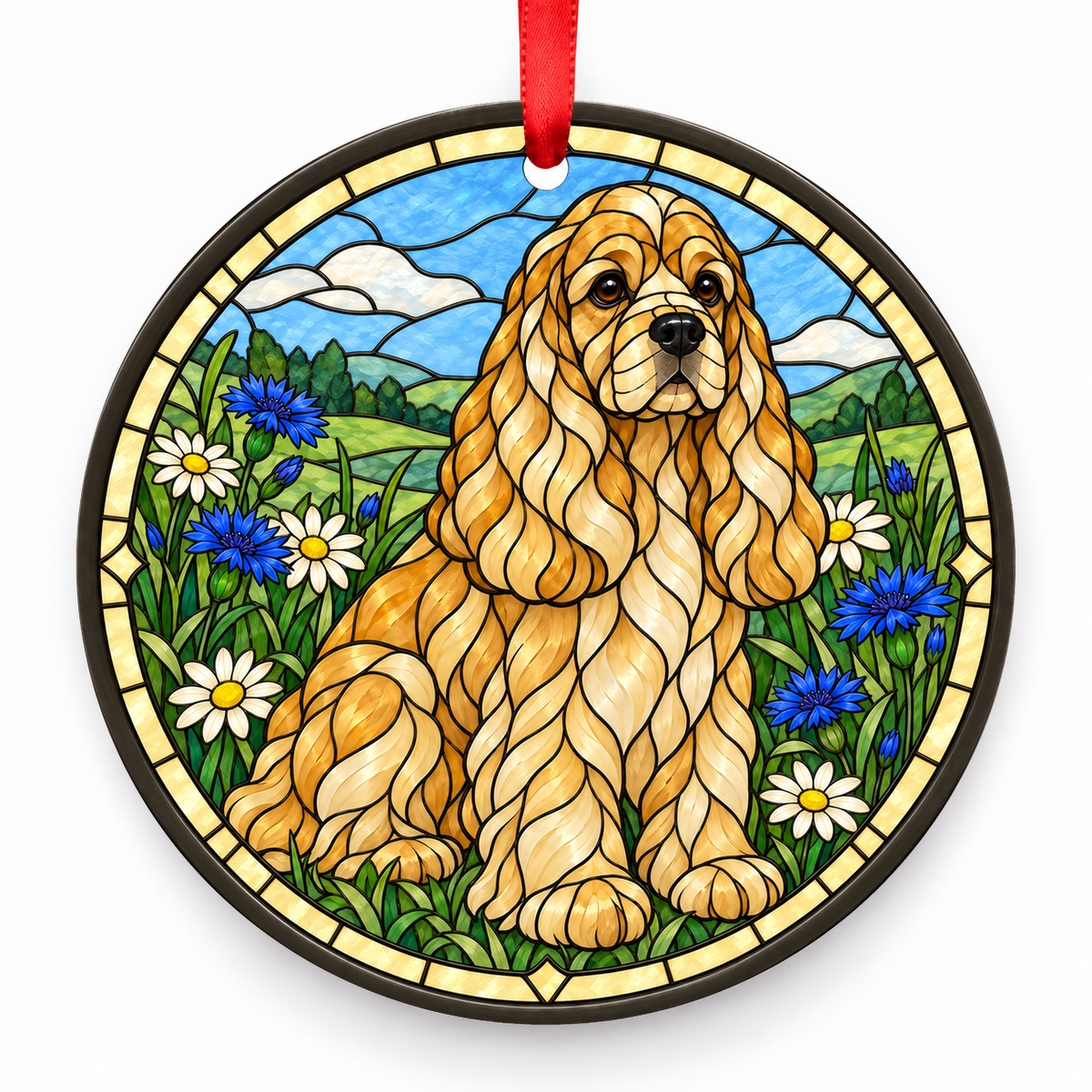 Buff American Cocker Spaniel stained glass style porcelain Christmas ornament with red ribbon