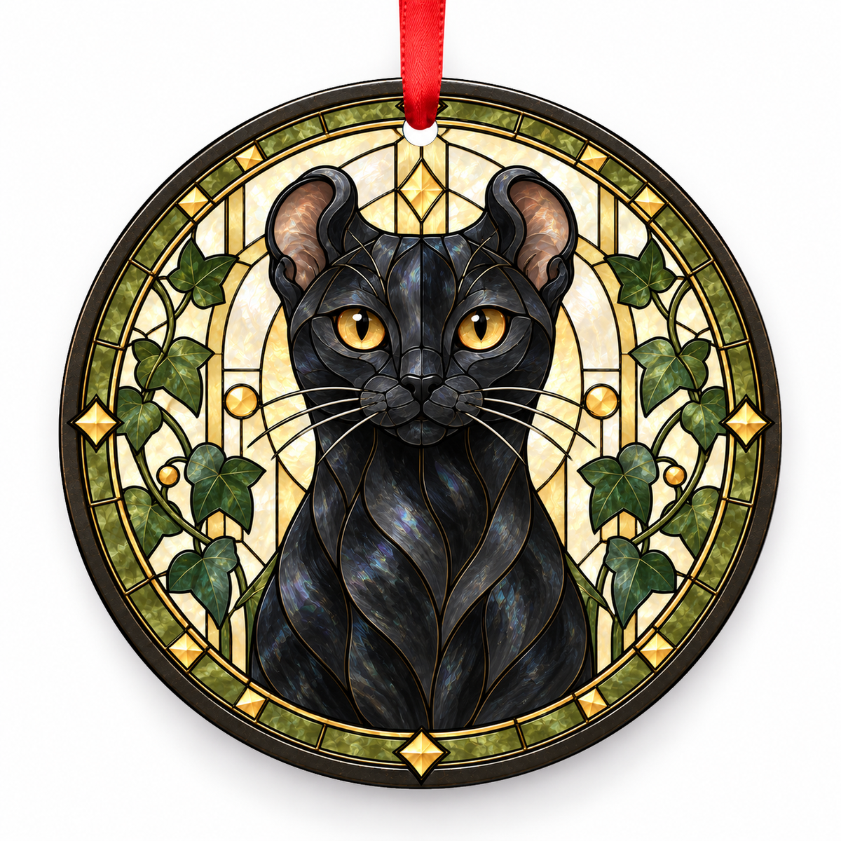 Black American Curl stained glass style porcelain Christmas ornament with red ribbon