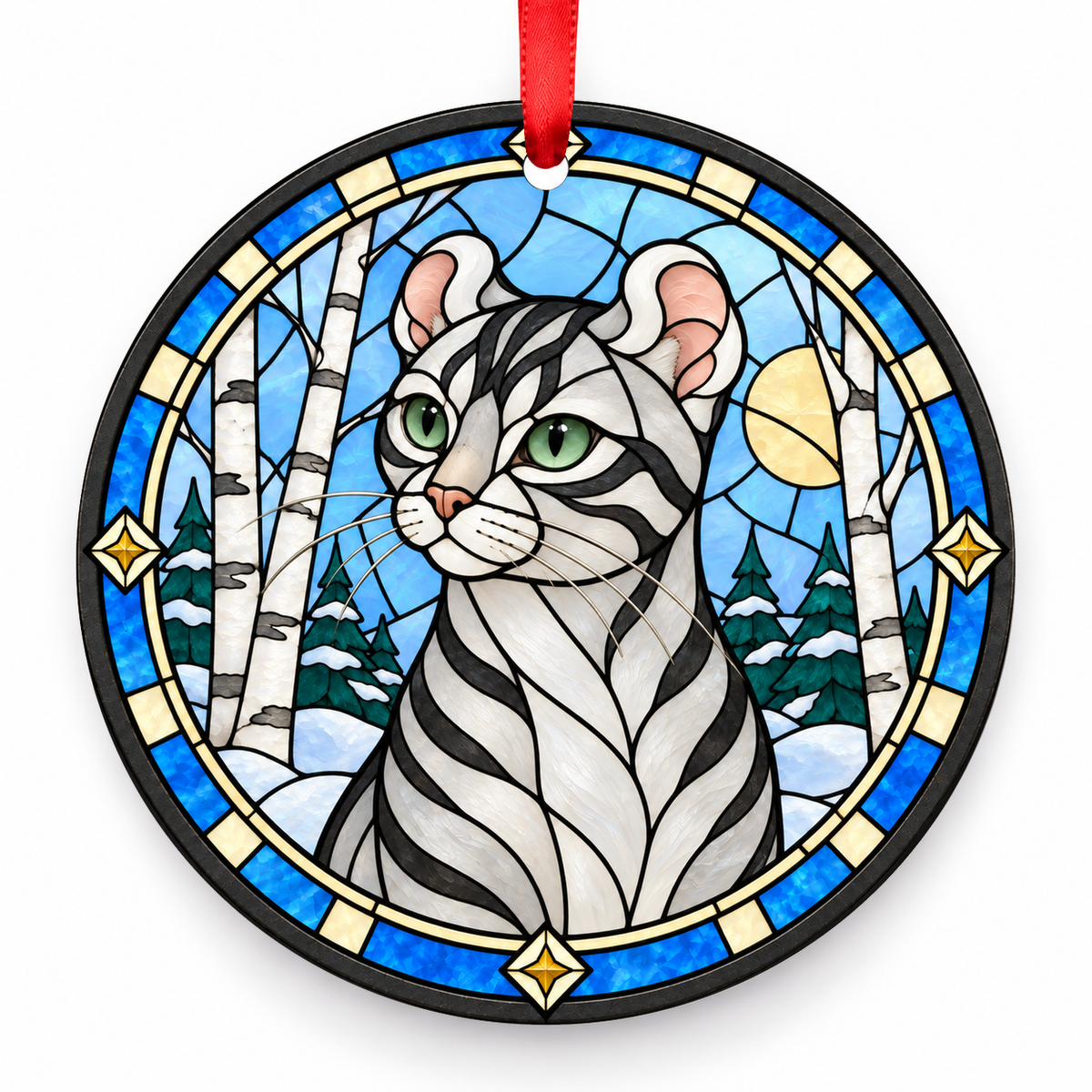Silver Tabby American Curl stained glass style porcelain Christmas ornament with red ribbon