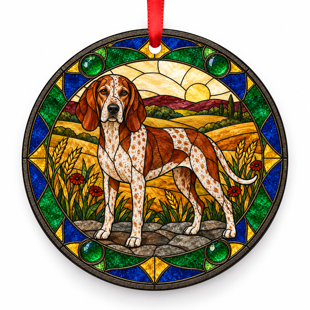Redtick American English Coonhound stained glass style porcelain Christmas ornament with red ribbon