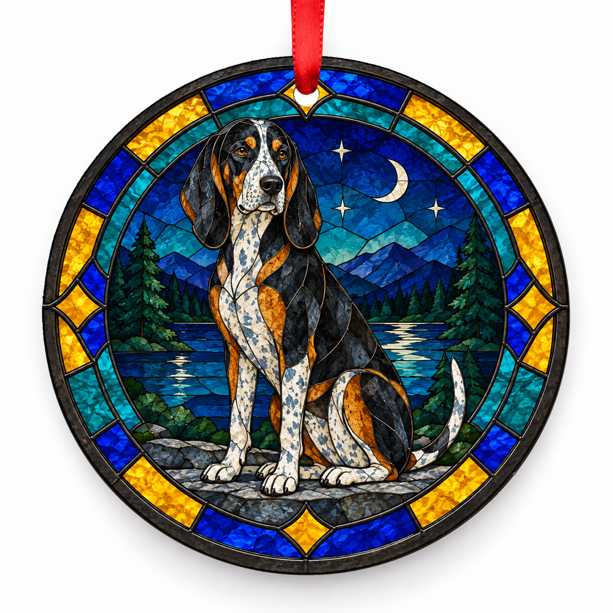 Tricolor Ticked American English Coonhound stained glass style porcelain Christmas ornament with red ribbon