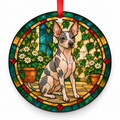 Original American Hairless Terrier stained glass style porcelain Christmas ornament with red ribbon