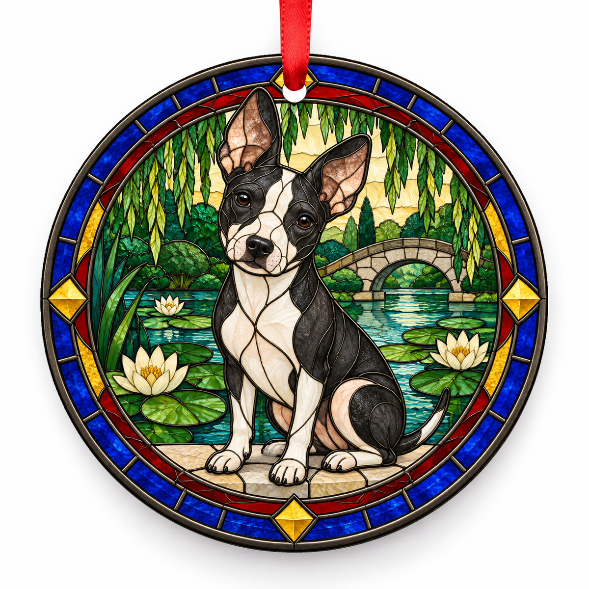 Black White American Hairless Terrier stained glass style porcelain Christmas ornament with red ribbon