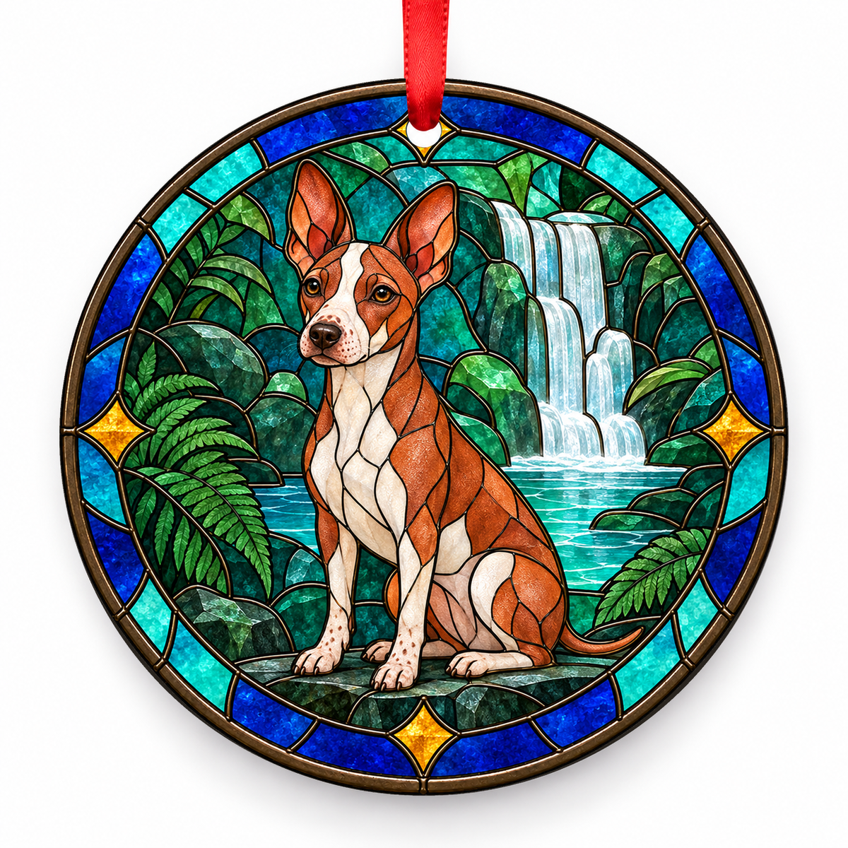 Red White American Hairless Terrier stained glass style porcelain Christmas ornament with red ribbon