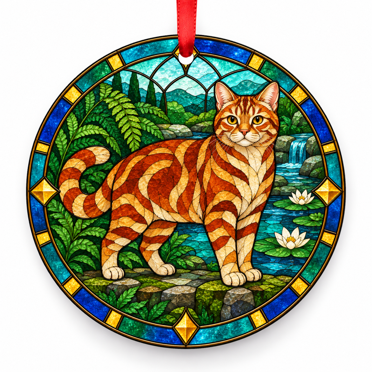 Red Tabby American Shorthair stained glass style porcelain Christmas ornament with red ribbon